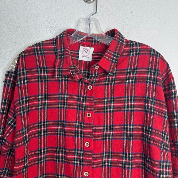 Red Plaid Button-Up Blouse with Sequin Yoke - Picture 5 of 9